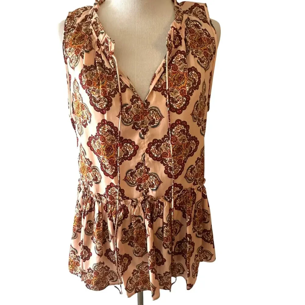 LOFT Peplum Tank Womens Medium Pink Medallion Satin Tiered Babydoll Ruffled Top